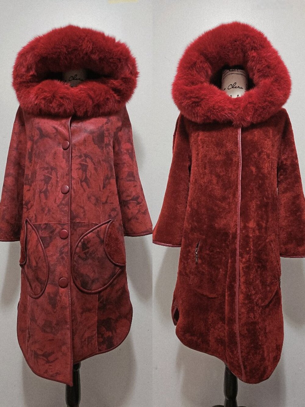 NewReal Sheepskin Shearling Lamb Fur Suede Leather Coat Fox Scarlet Garnet Hood